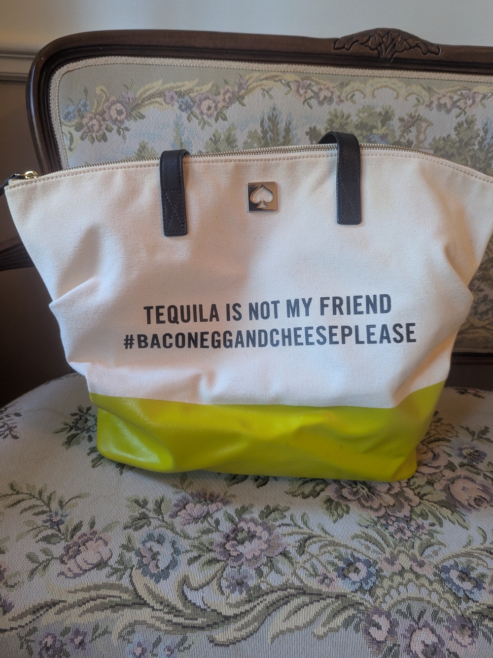Kate Spade Cream and Lime Canvas Tote - 'Tequila Is Not My Friend'